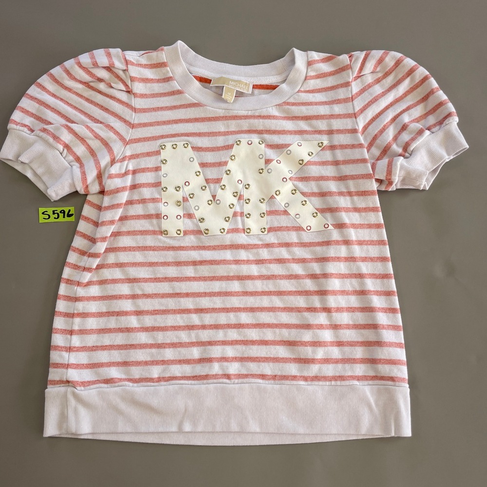 Michael Kors Womens Pink White Striped MK Logo Grommet Puff Sleeve Sweatshirt M